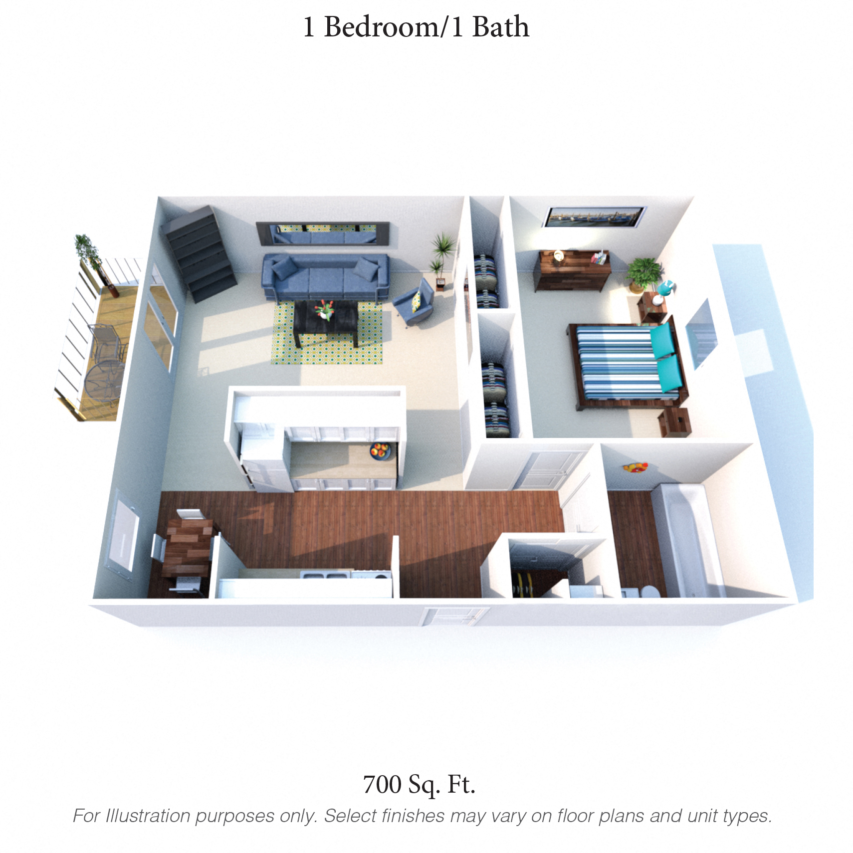 Floor plan for 1 bed, 1 bath, 700 sqft